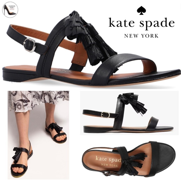 KATE SPADE NEW YORK LA DANSE Black Leather Tassel Flat Ankle Strap Sandals 6.5 - Picture 6 of 16